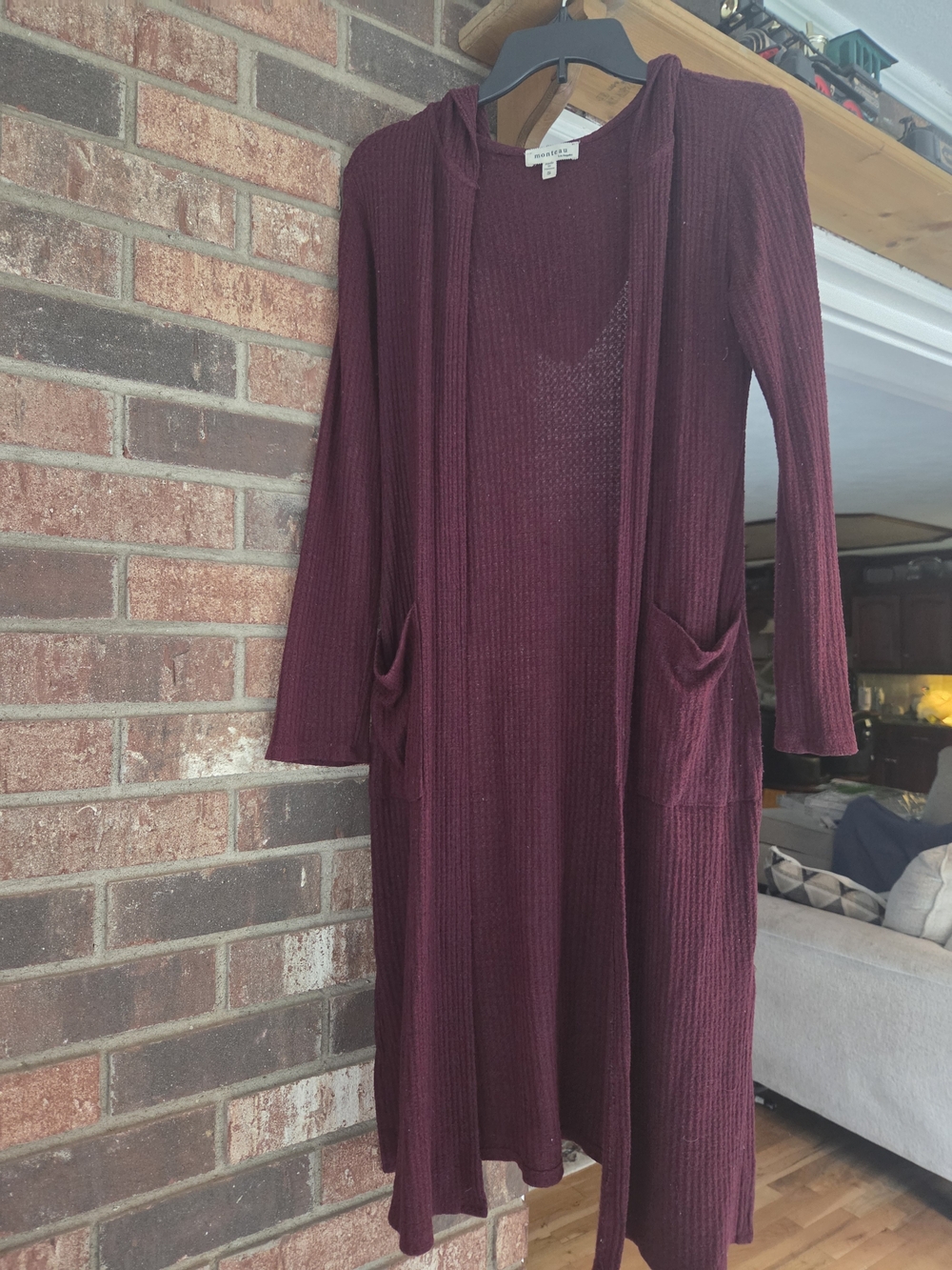 Monteau Long Open-Front Hooded Rib Knit Cardigan - Burgundy